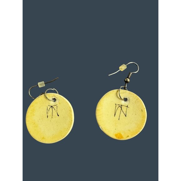 Handmade Cream Round Shell Earrings With Black Silhouette Art - Picture 8 of 9